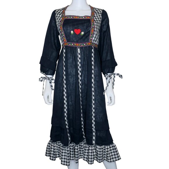 Vintage Cottagecore Blue Midi Dress Gunne Sax Style Prairie Gingham Womens Small - Picture 2 of 6